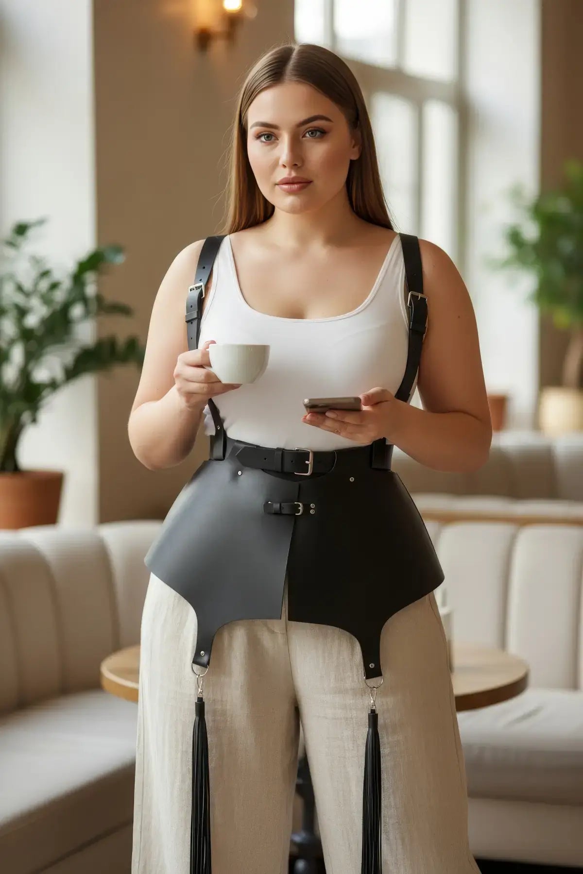 Plus Size Black Corset Suspender Harness with Tassels in vegan leather by HarnessClub