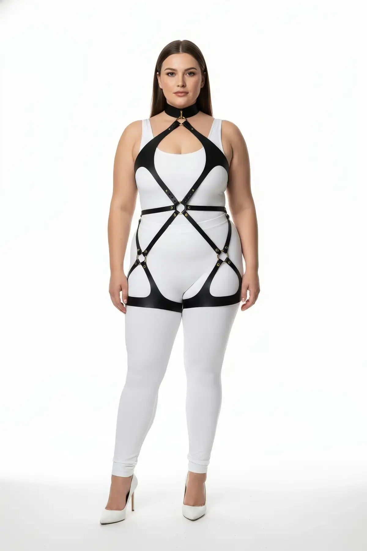 Plus-size black crisscross strap body harness with choker collar HarnessClub vegan leather