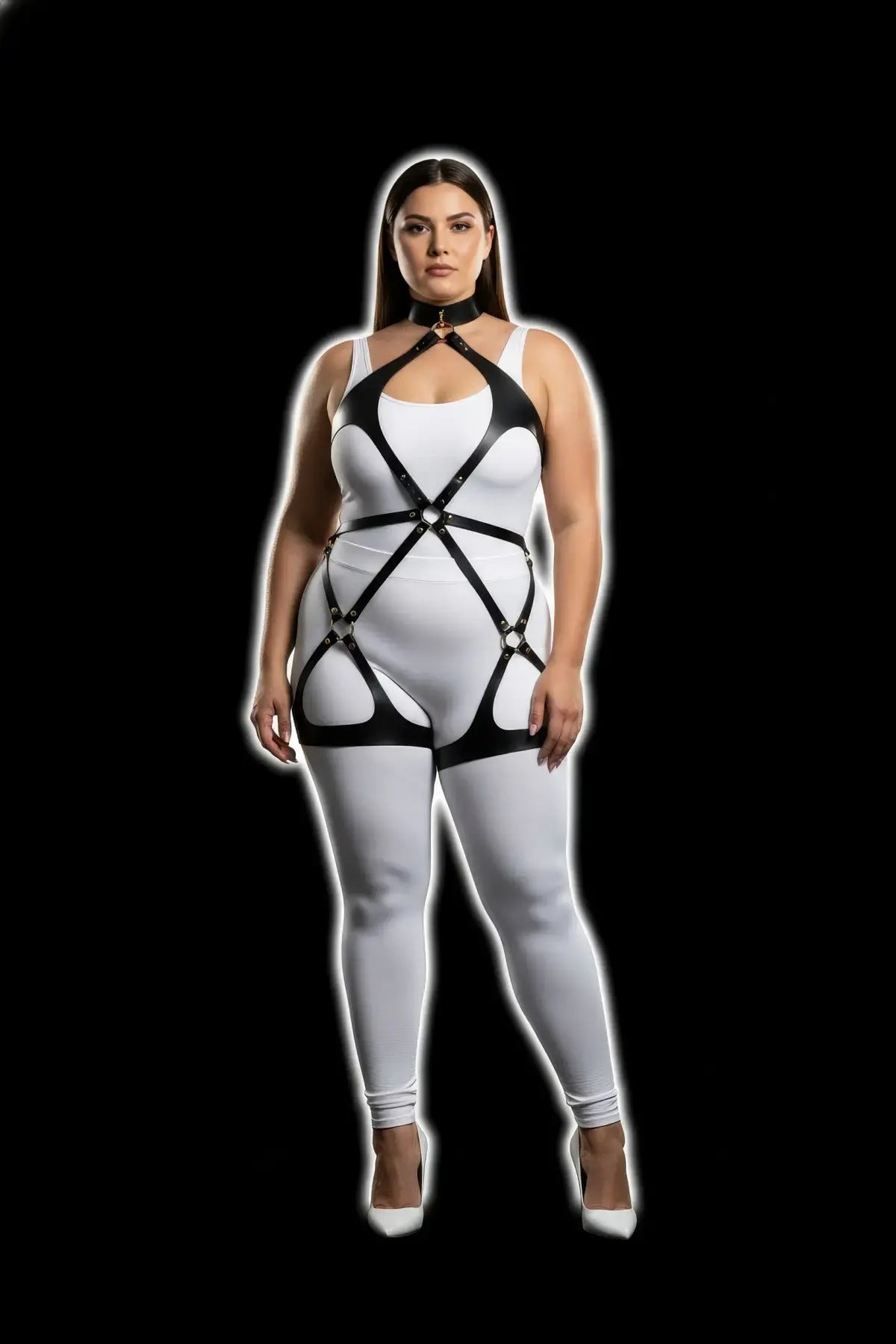 Plus-size black crisscross strap body harness with choker collar; vegan leather, gold-tone hardware, HarnessClub.