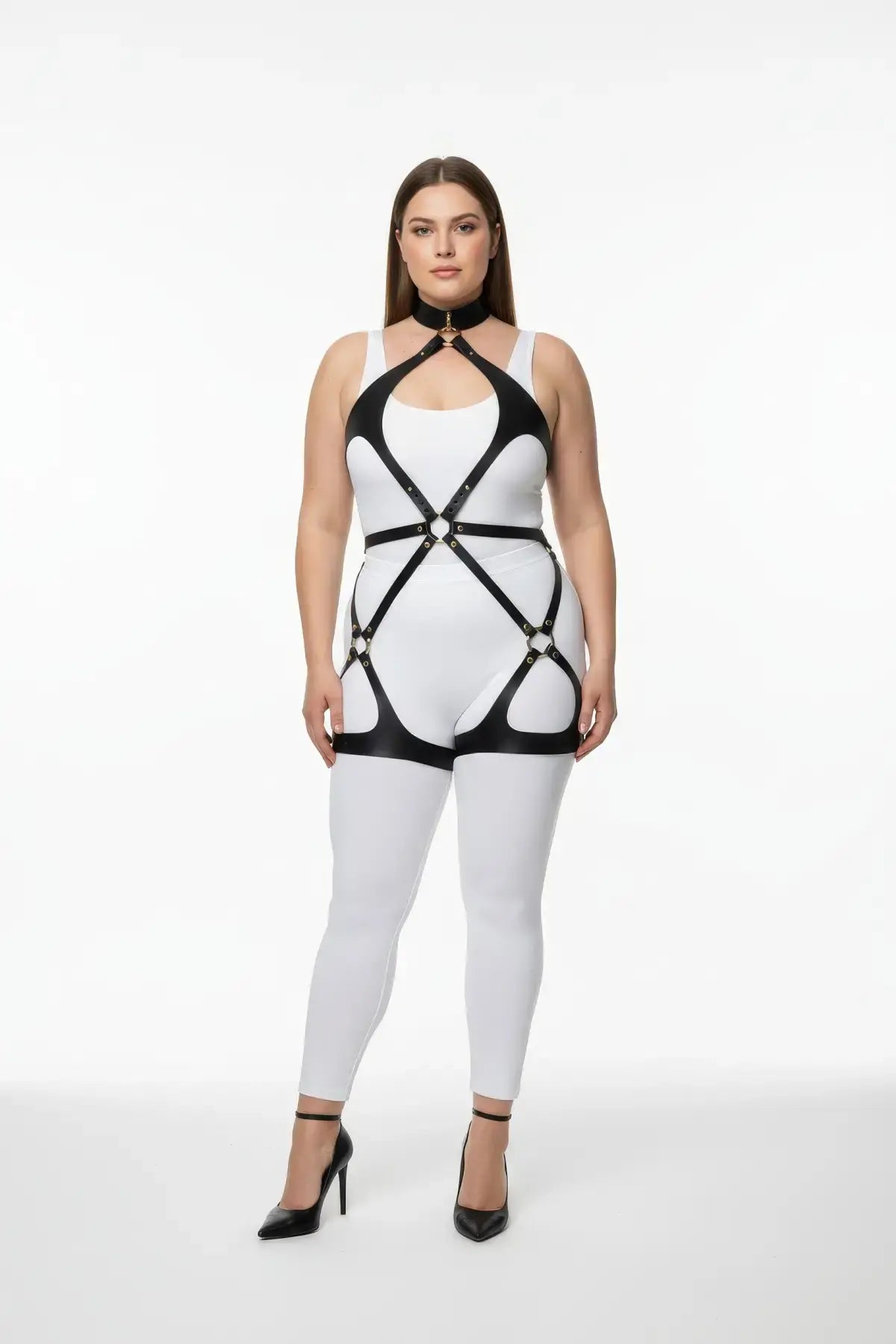 HarnessClub plus-size vegan leather black crisscross strap body harness with choker collar and gold-tone hardware