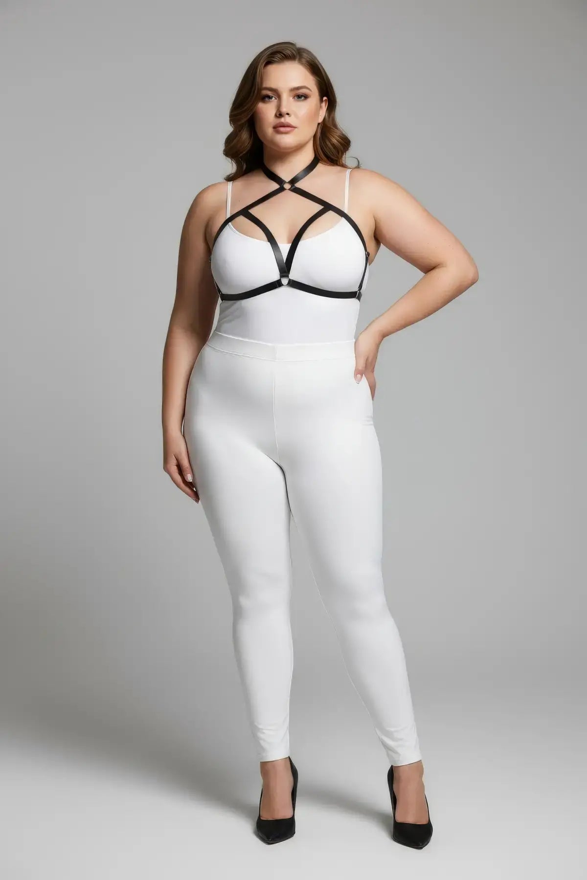 Plus Size Black Cross-Strap Elastic Chest Harness with Choker on model
