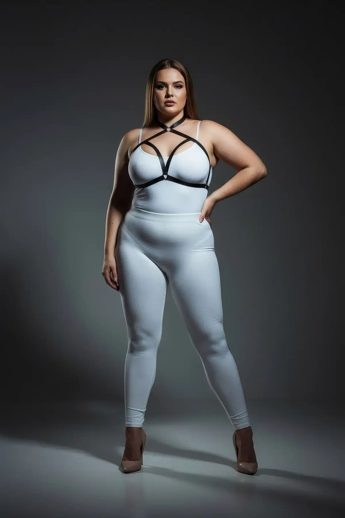 Plus-size black cross-strap elastic chest harness with choker by HarnessClub