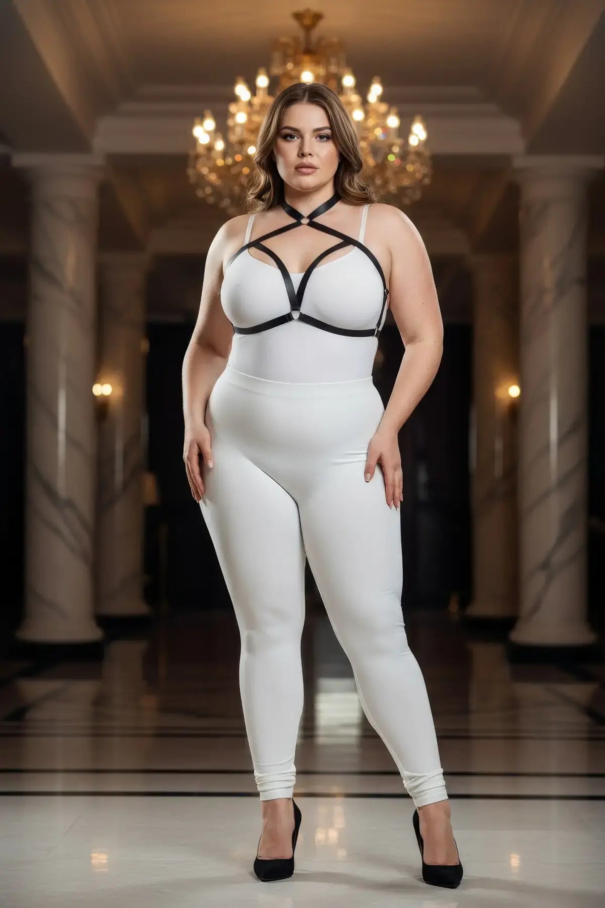 Plus Size Black Cross-Strap Elastic Chest Harness with Choker worn over white bodysuit