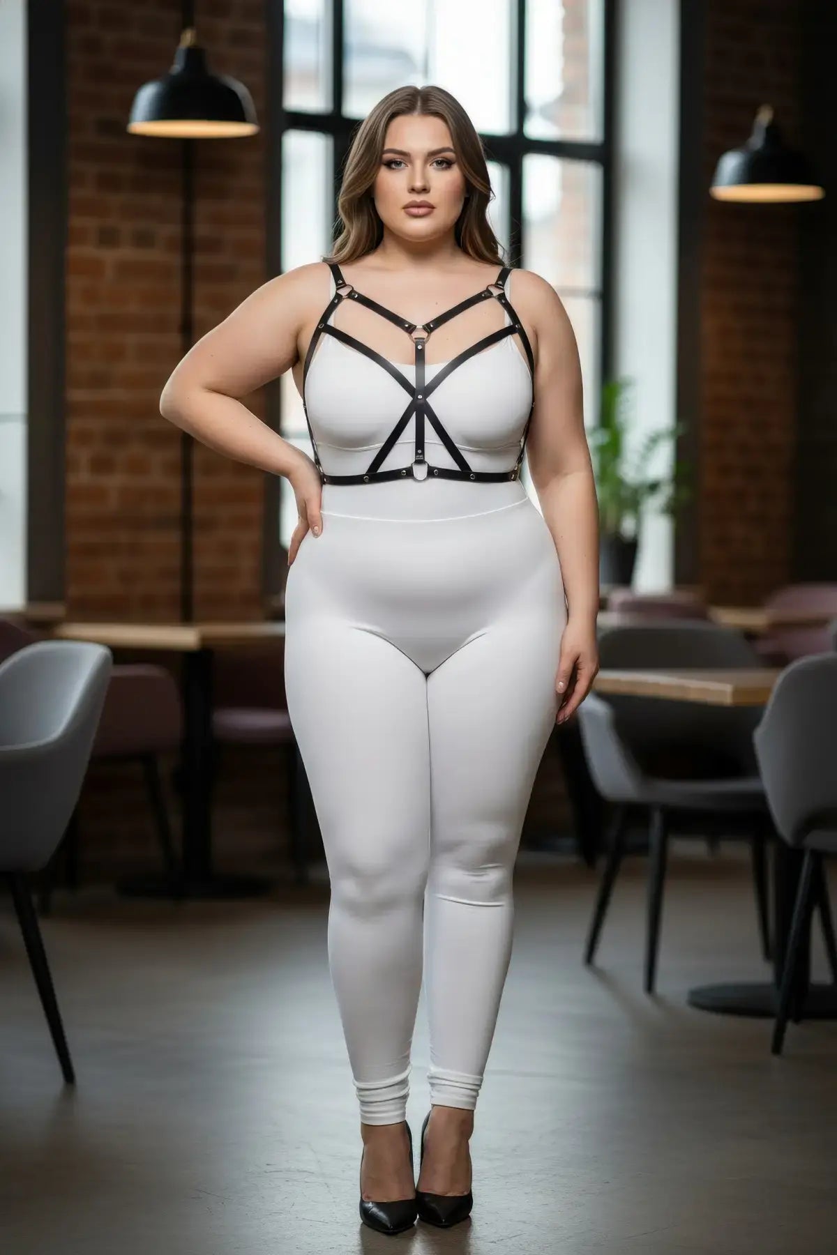 Plus-size black faux-leather cross-strap bustier harness worn over a white bodysuit by HarnessClub