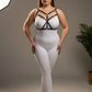 Plus-size black cross-strap faux leather bustier harness by HarnessClub, worn over a white bodysuit.