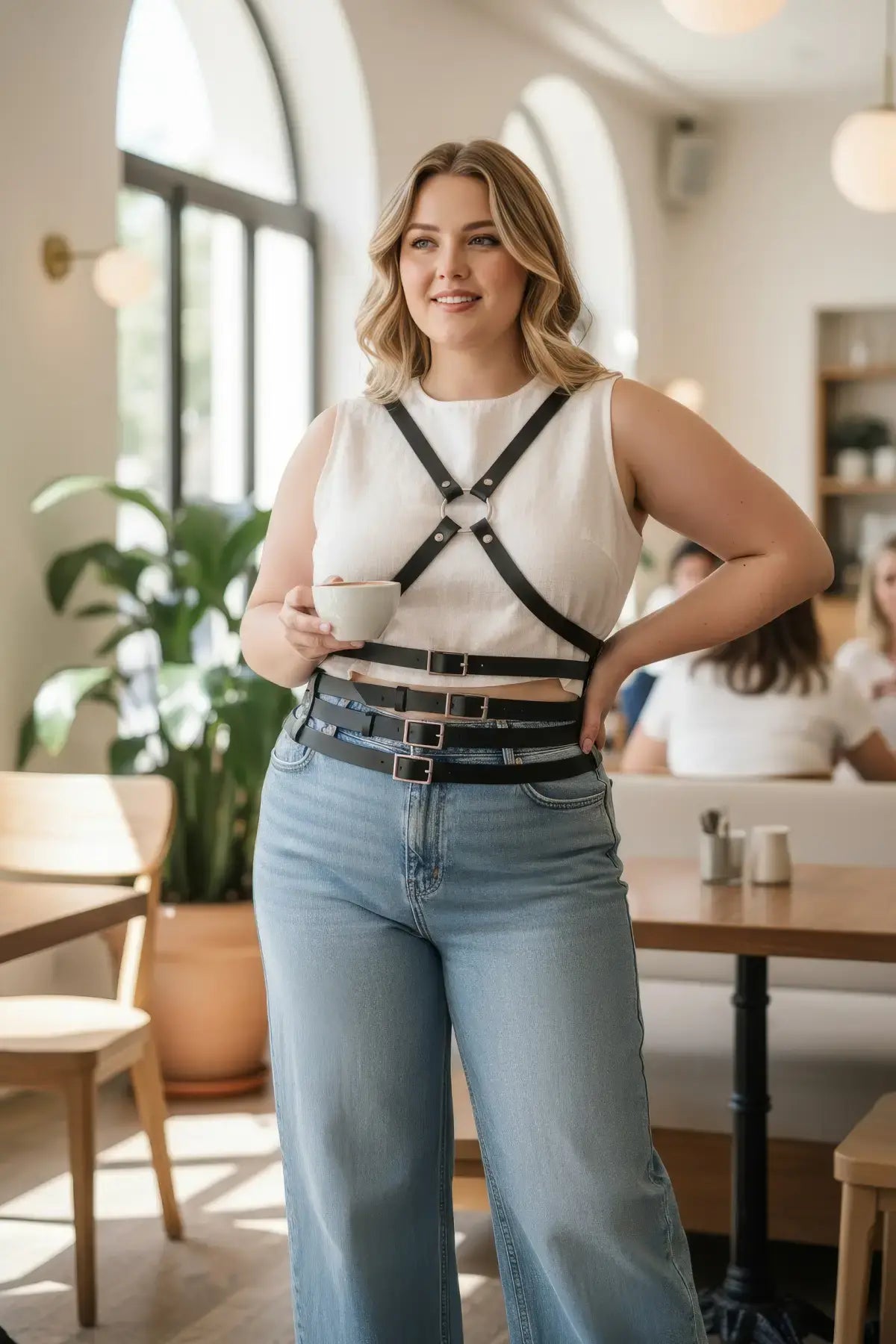 Plus-Size black leather cross-strap body harness by HarnessClub worn over a white sleeveless top