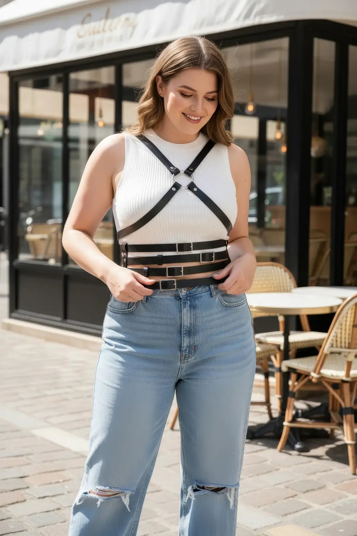 Plus Size Black Leather Cross-Strap Body Harness by HarnessClub