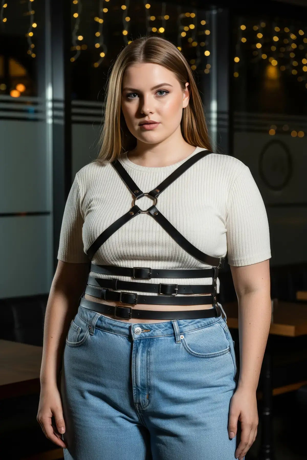 Plus-size black cross-strap leather body harness by HarnessClub worn over a white ribbed top.