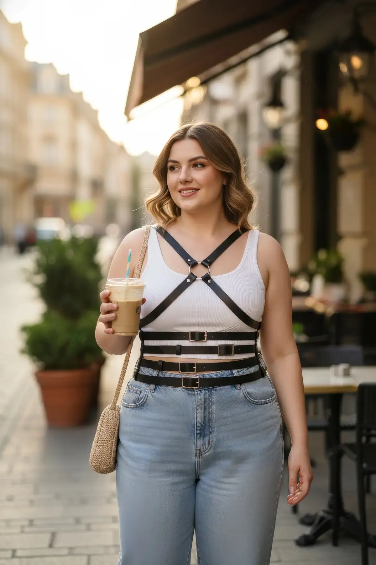 Plus Size Black Cross-Strap Leather Body Harness worn over a white tank top.