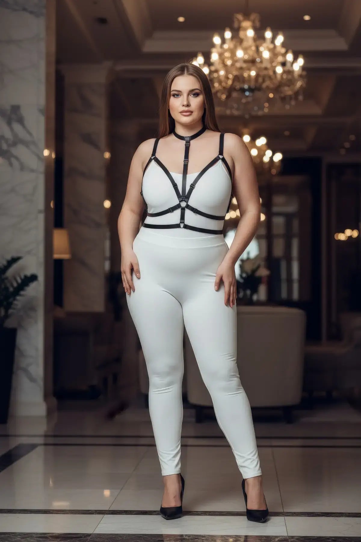 Plus-size black crossed-strap elastic harness with choker and waistband by HarnessClub