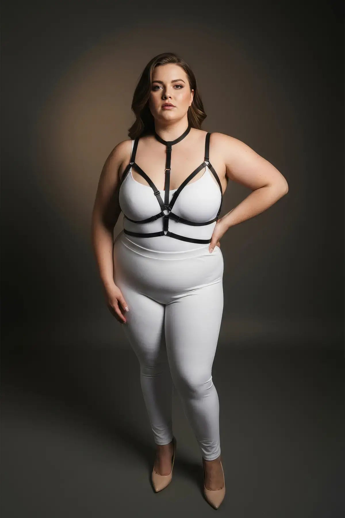 Plus-size black crossed-strap elastic harness with choker and waistband by HarnessClub