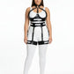 Plus-size black vegan leather harness bodysuit with cutouts, halter collar, and white underlayer.