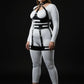 Plus-size black cutout panel harness bodysuit with halter collar; vegan leather, HarnessClub