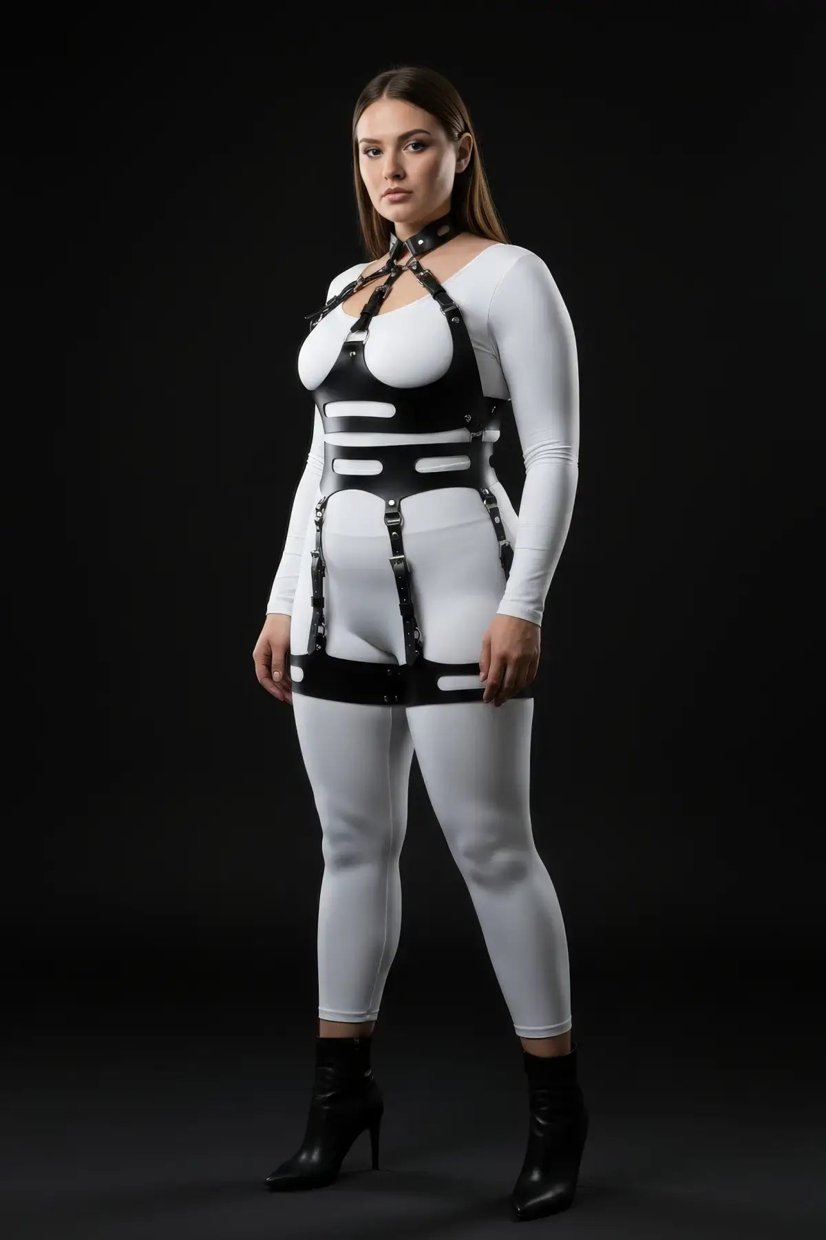 Plus-size black cutout panel harness bodysuit with halter collar; vegan leather, HarnessClub