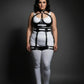 Plus-size black cutout-panel harness bodysuit with halter collar on a white base, vegan leather.