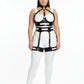 Plus-size black vegan-leather cutout panel harness bodysuit with halter collar by HarnessClub