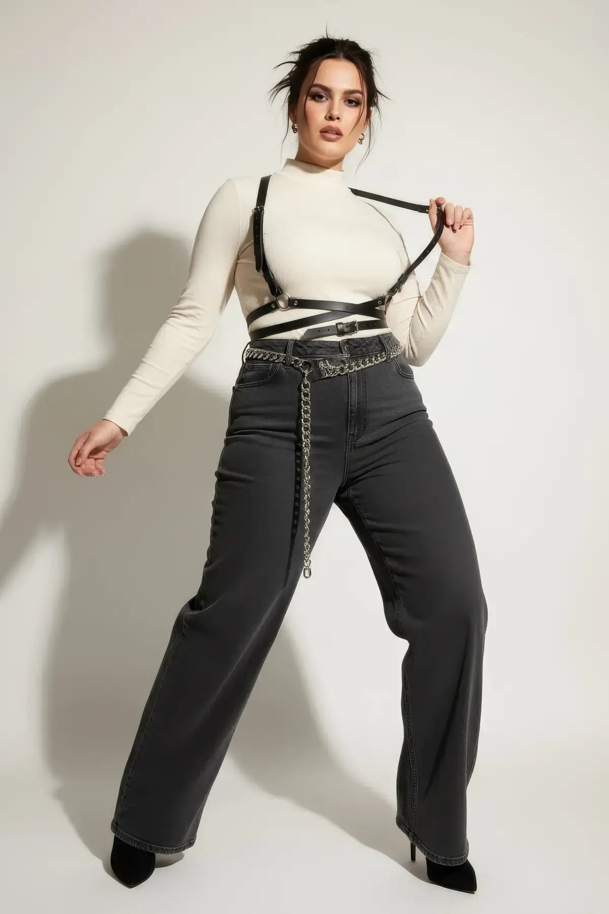 Plus Size Black Diagonal Cross-Strap Body Harness by HarnessClub, vegan leather, one-shoulder with two crossing straps.