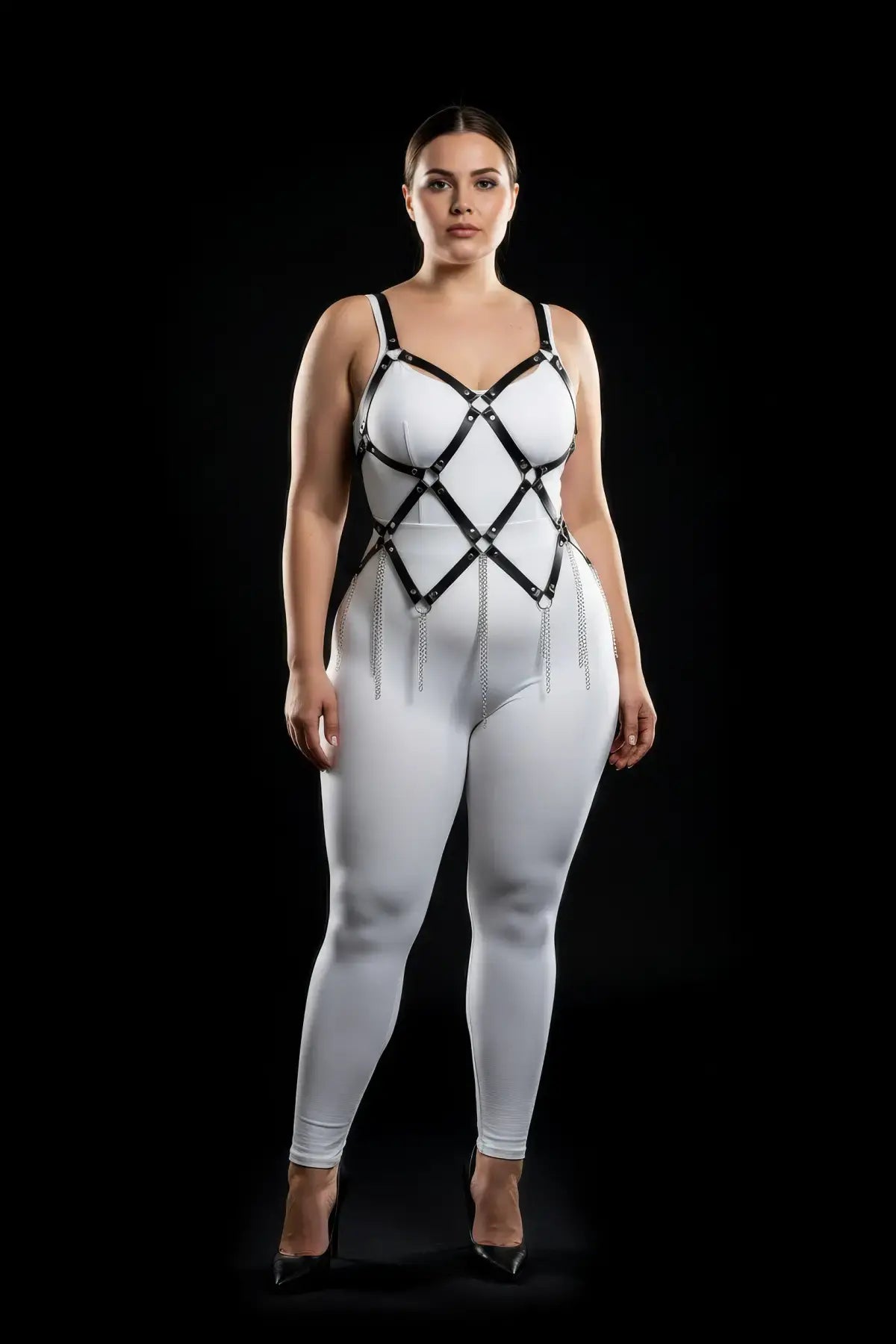 Plus Size Black Diamond-Cage Chain-Fringe Chest Harness by HarnessClub worn over a white bodysuit