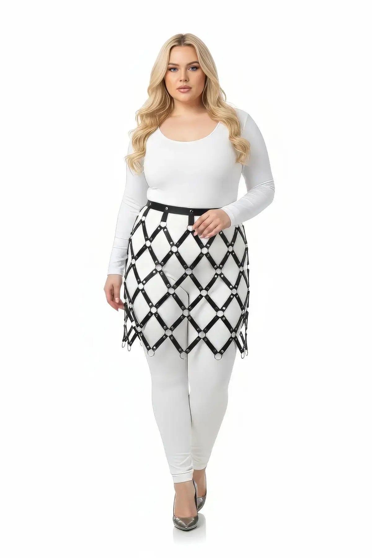 Plus-size black diamond lattice harness skirt in vegan leather by HarnessClub