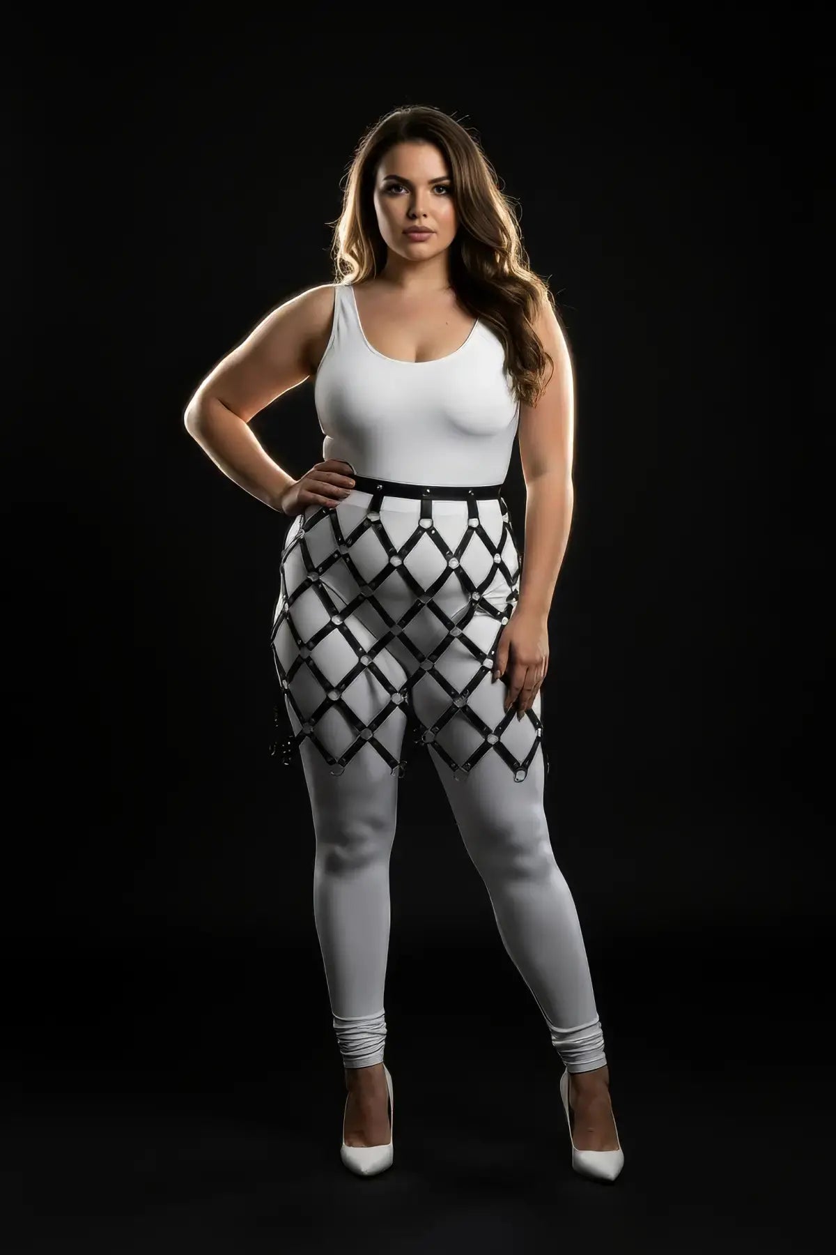 Plus-size black diamond cage lattice harness skirt in vegan leather by HarnessClub