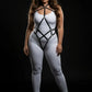 Plus Size Black Diamond Full Body Harness by HarnessClub, vegan leather straps on a white bodysuit