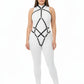 Plus Size Black Diamond Full Body Harness by HarnessClub on white bodysuit; black vegan-leather straps with rivets.
