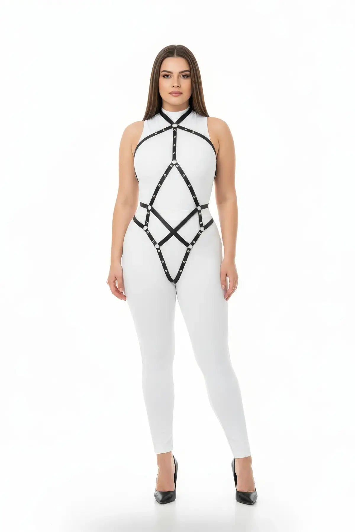 Plus Size Black Diamond Full Body Harness by HarnessClub on white bodysuit; black vegan-leather straps with rivets.