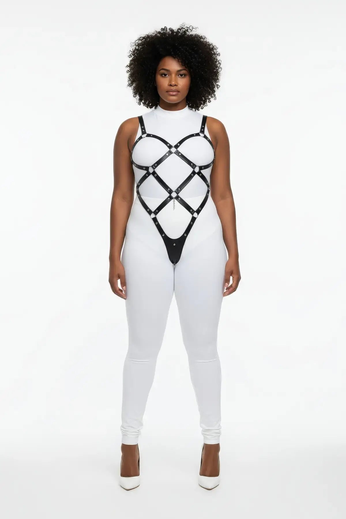 Plus-size black diamond lattice body cage harness in vegan leather by HarnessClub, worn on a model in a white bodysuit.