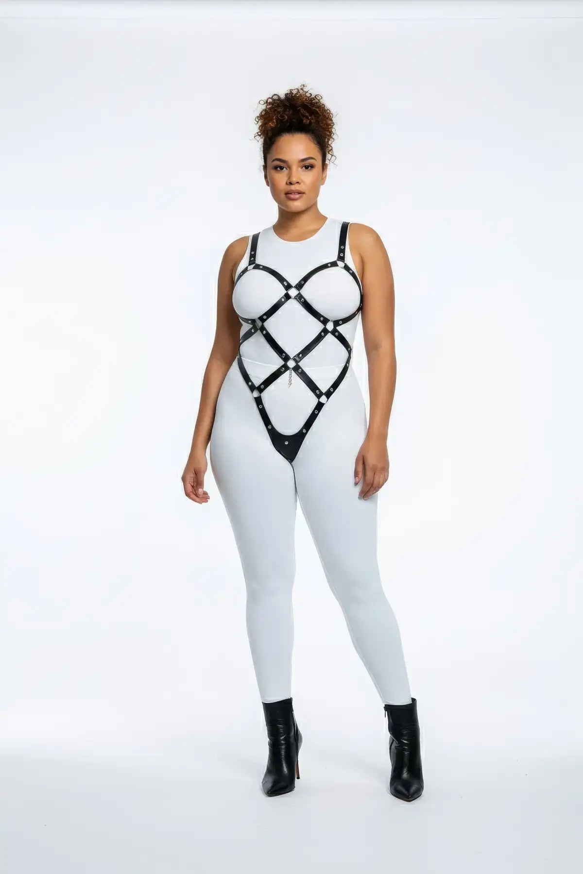 Plus Size Black Diamond Lattice Body Cage Harness vegan leather by HarnessClub worn over a white bodysuit.