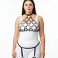 Plus Size Black Diamond Lattice Cage Harness Set in vegan leather by HarnessClub, on model.