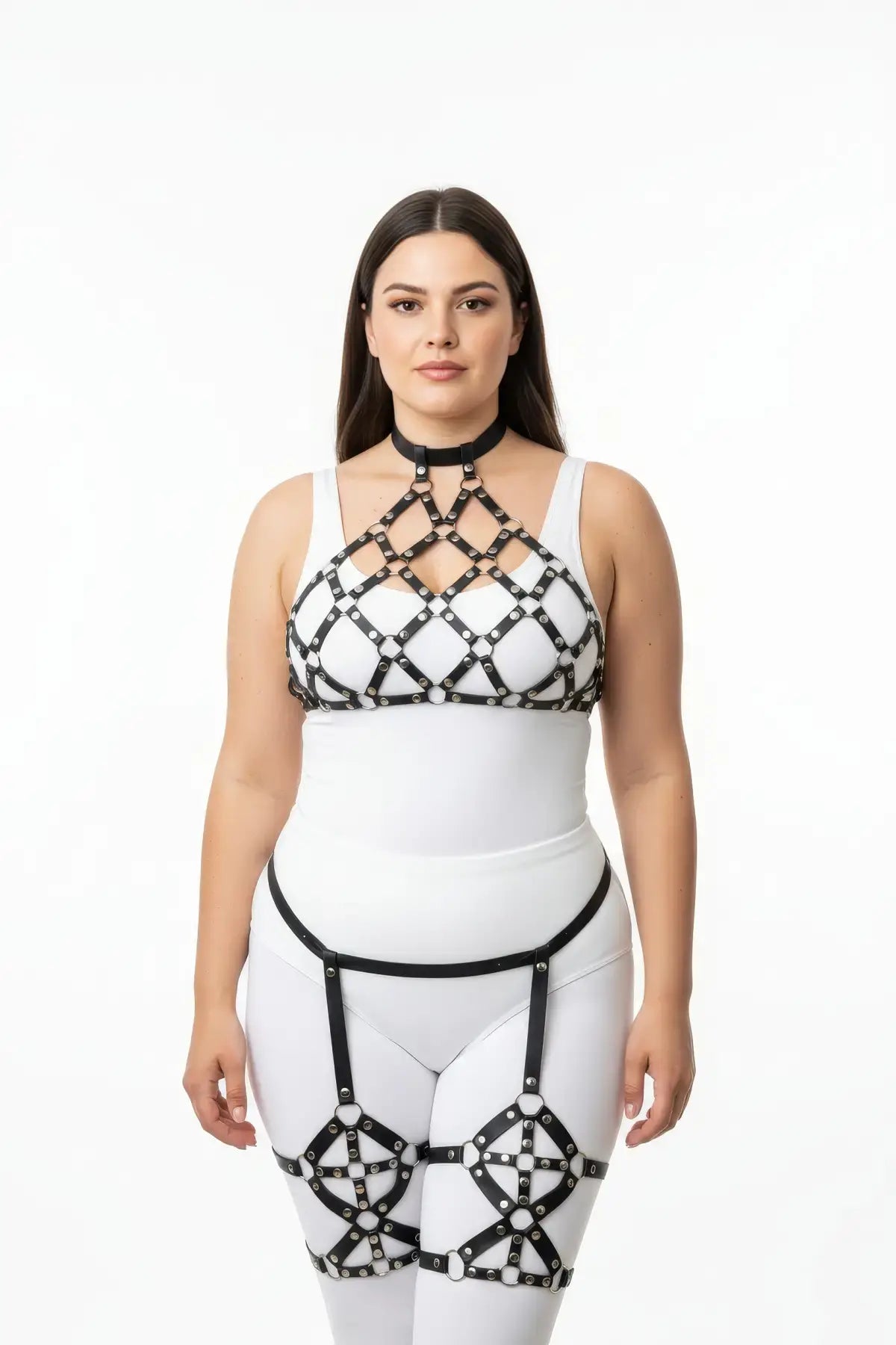 Plus Size Black Diamond Lattice Cage Harness Set in vegan leather by HarnessClub, on model.