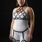 Plus-size black diamond lattice cage harness set, 3-piece vegan leather with neck collar and leg straps HarnessClub