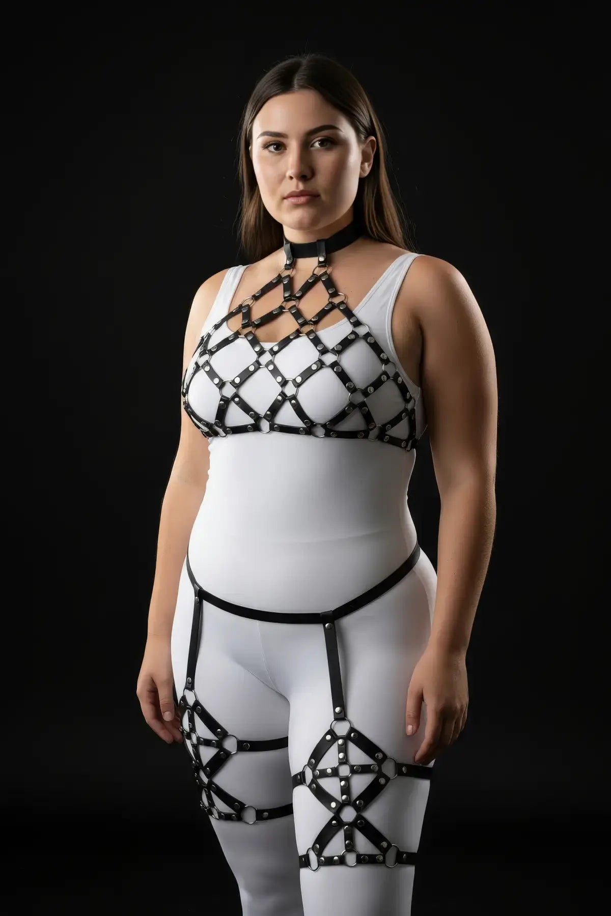 Plus-size black diamond lattice cage harness set, 3-piece vegan leather with neck collar and leg straps HarnessClub