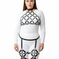 Plus size black diamond lattice cage harness set by HarnessClub, vegan leather, worn over a white bodysuit.