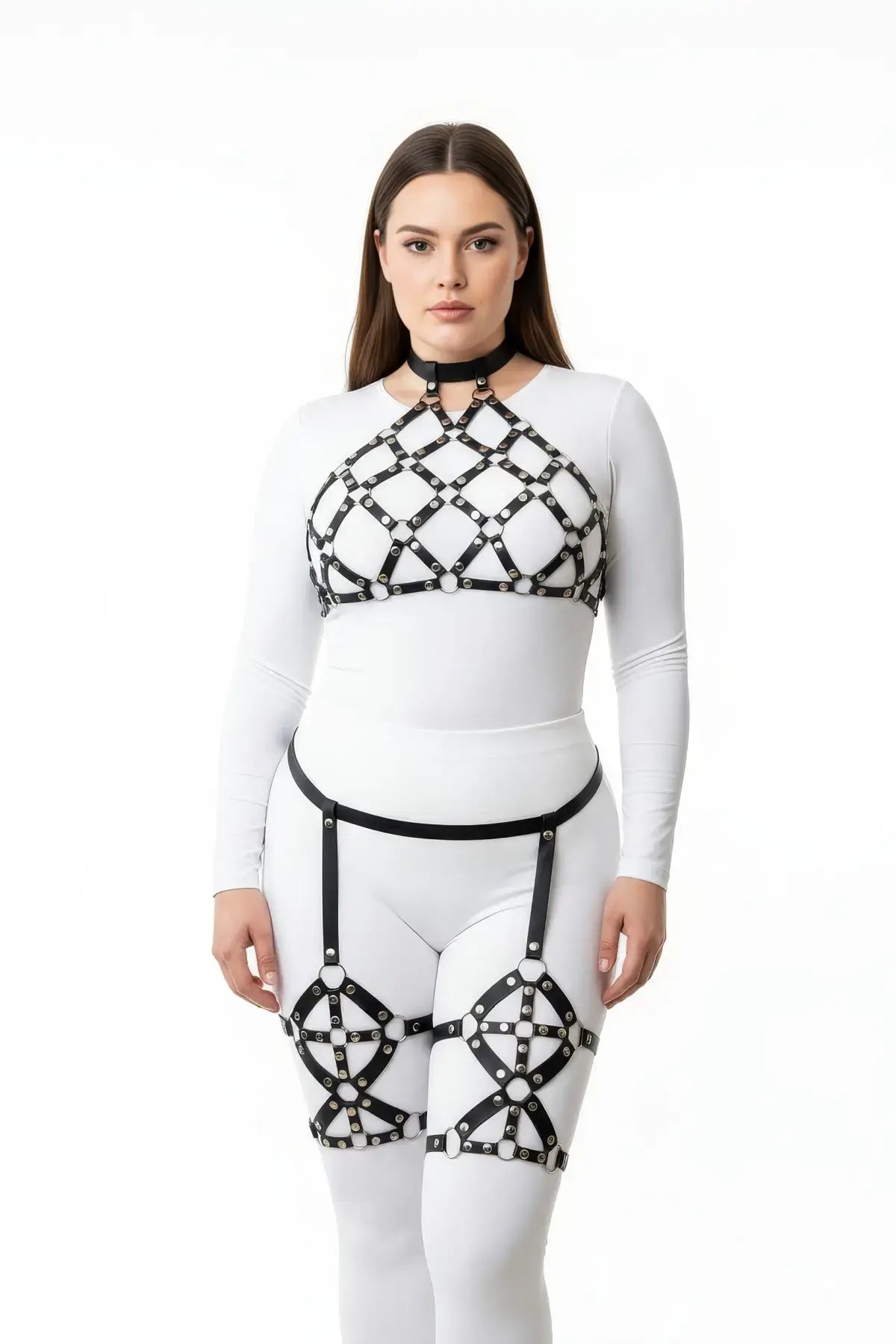 Plus size black diamond lattice cage harness set by HarnessClub, vegan leather, worn over a white bodysuit.
