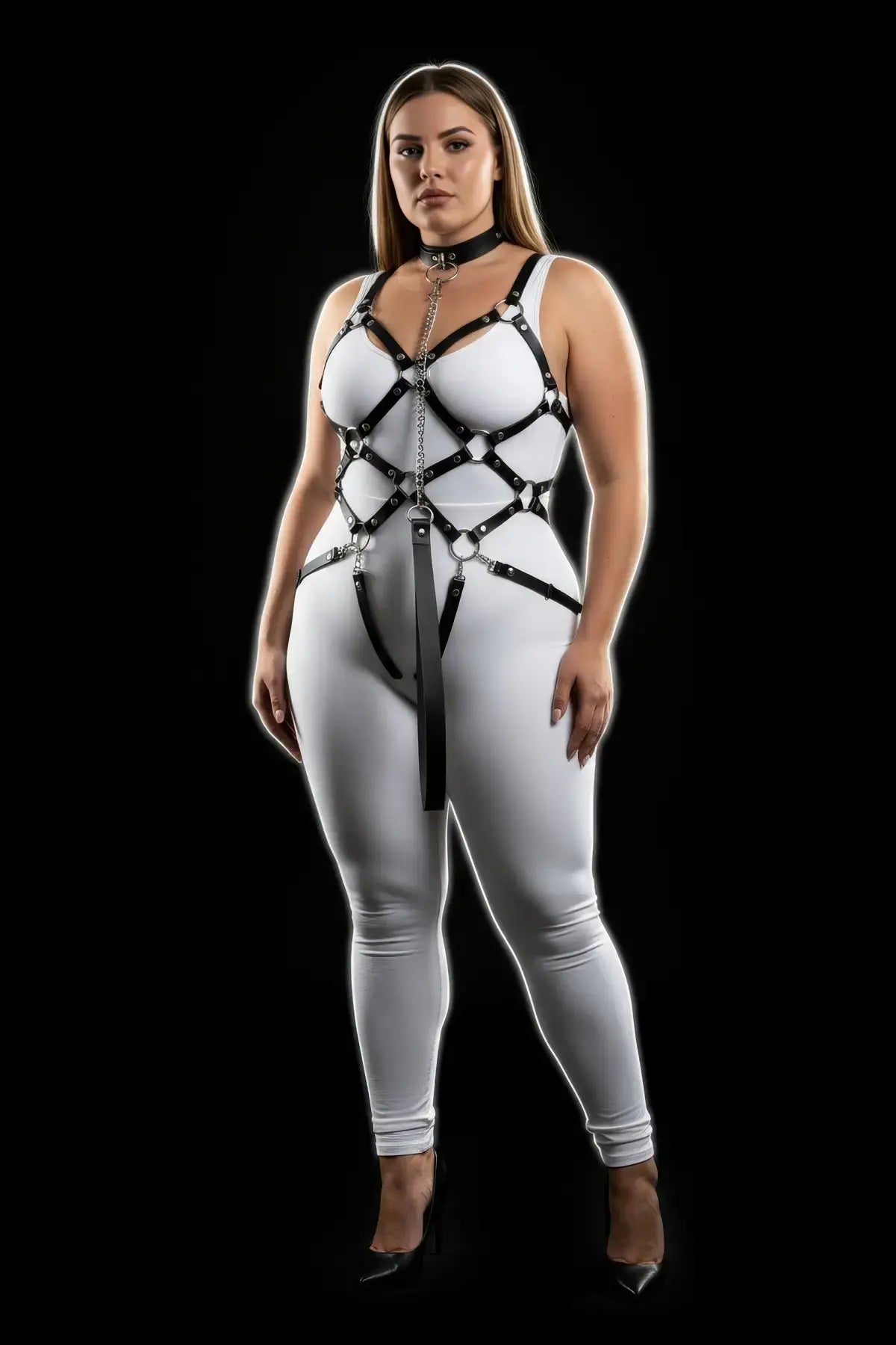 Plus Size Black Diamond Lattice Cage Harness with Chain Swag by HarnessClub, vegan leather body accessory