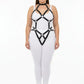 Plus-size Diamond Lattice Torso Cage Harness in black vegan leather on model