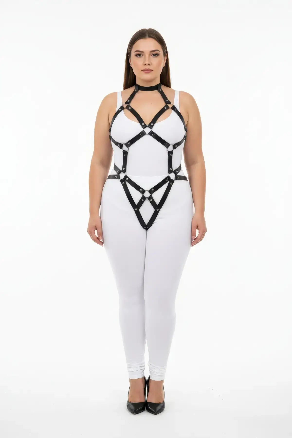 Plus-size Diamond Lattice Torso Cage Harness in black vegan leather on model