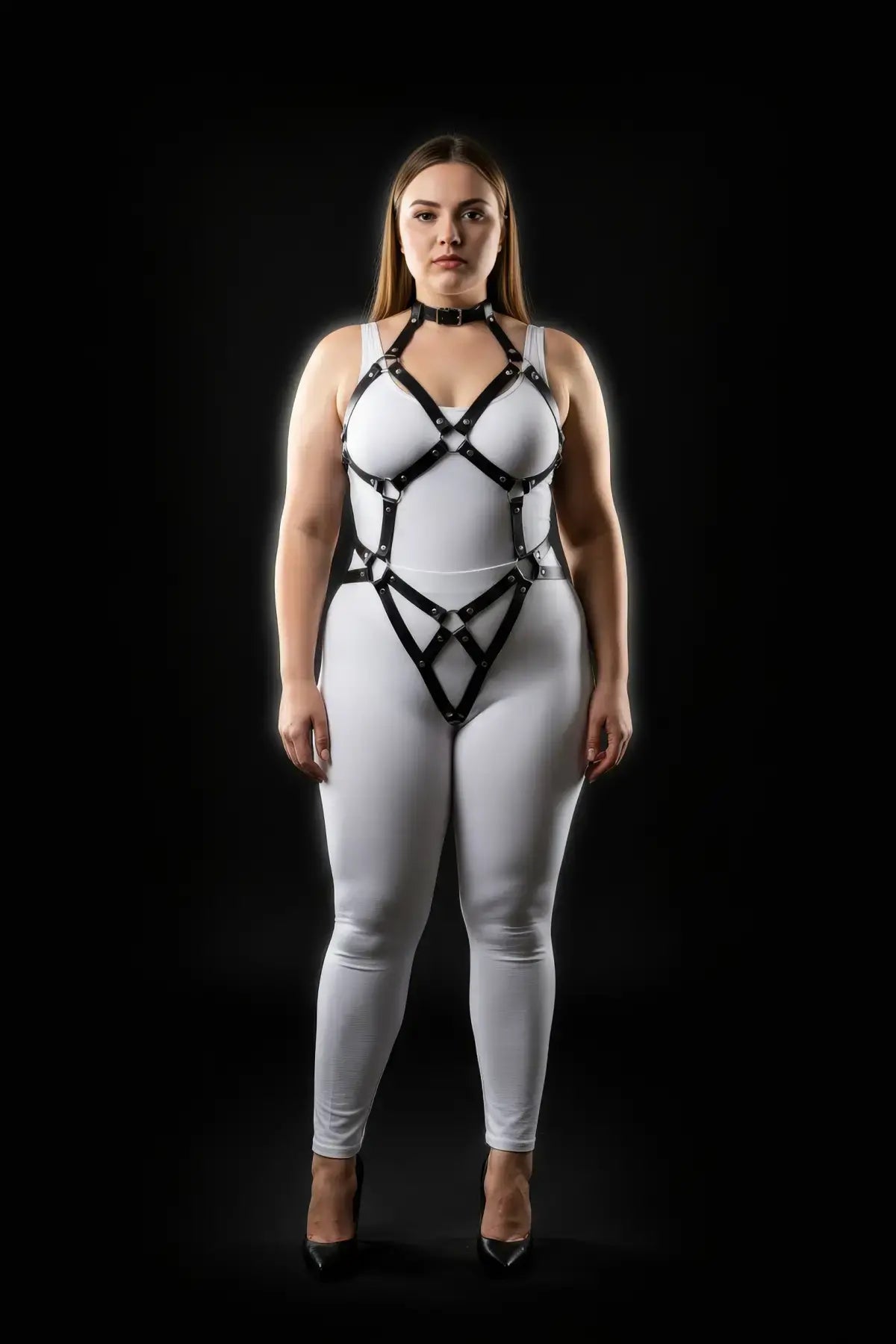 Plus-size black diamond lattice torso cage harness in vegan leather by HarnessClub