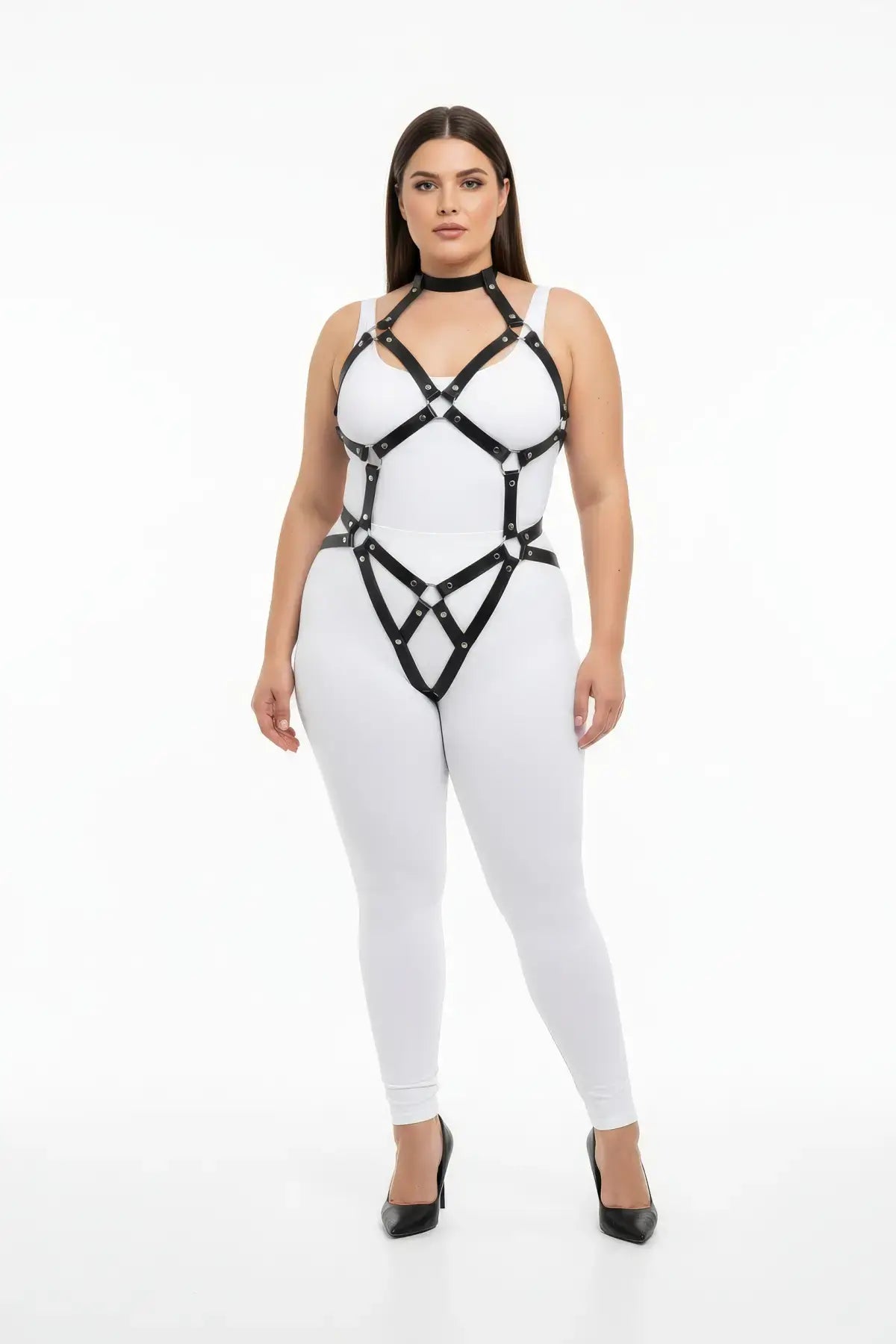 Plus Size Black Diamond Lattice Torso Cage Harness, vegan leather body accessory