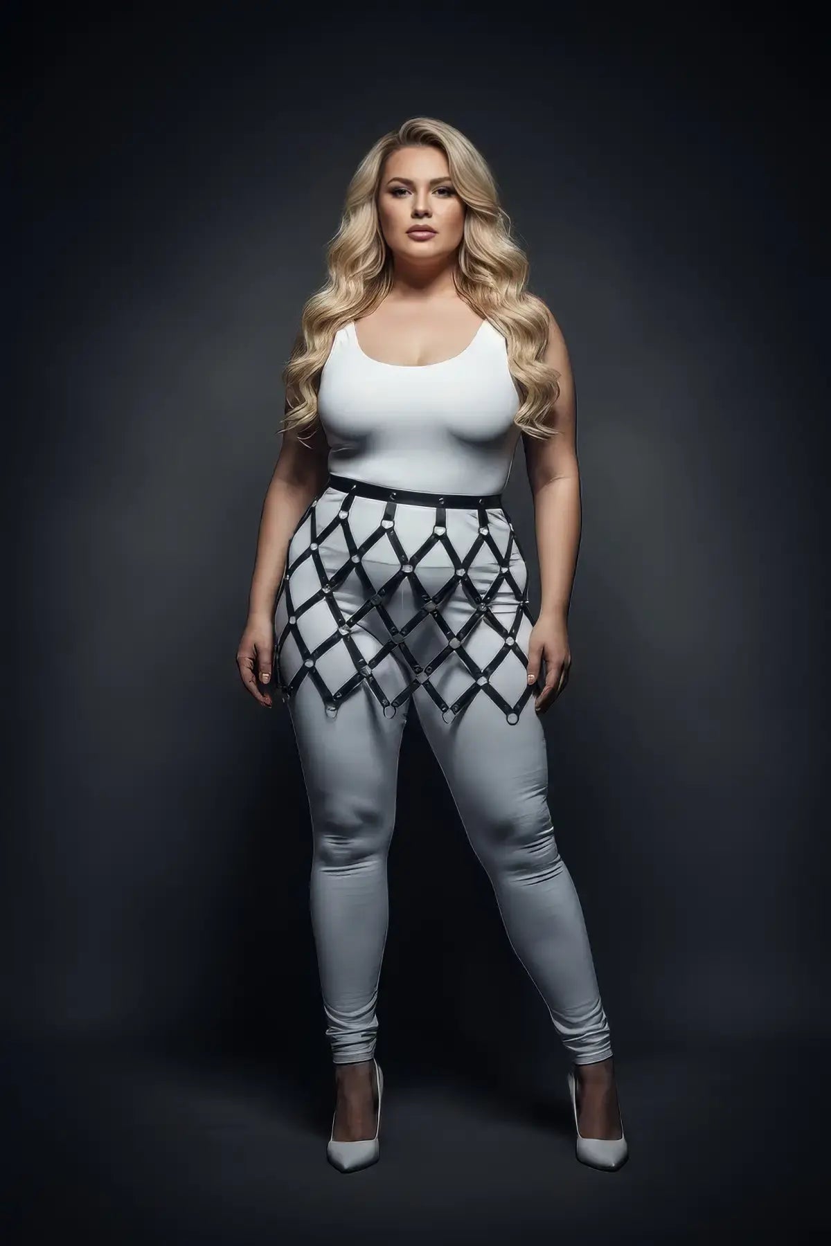 HarnessClub Plus Size Black Diamond Mesh Cage Harness Skirt in vegan leather, worn over a white outfit.