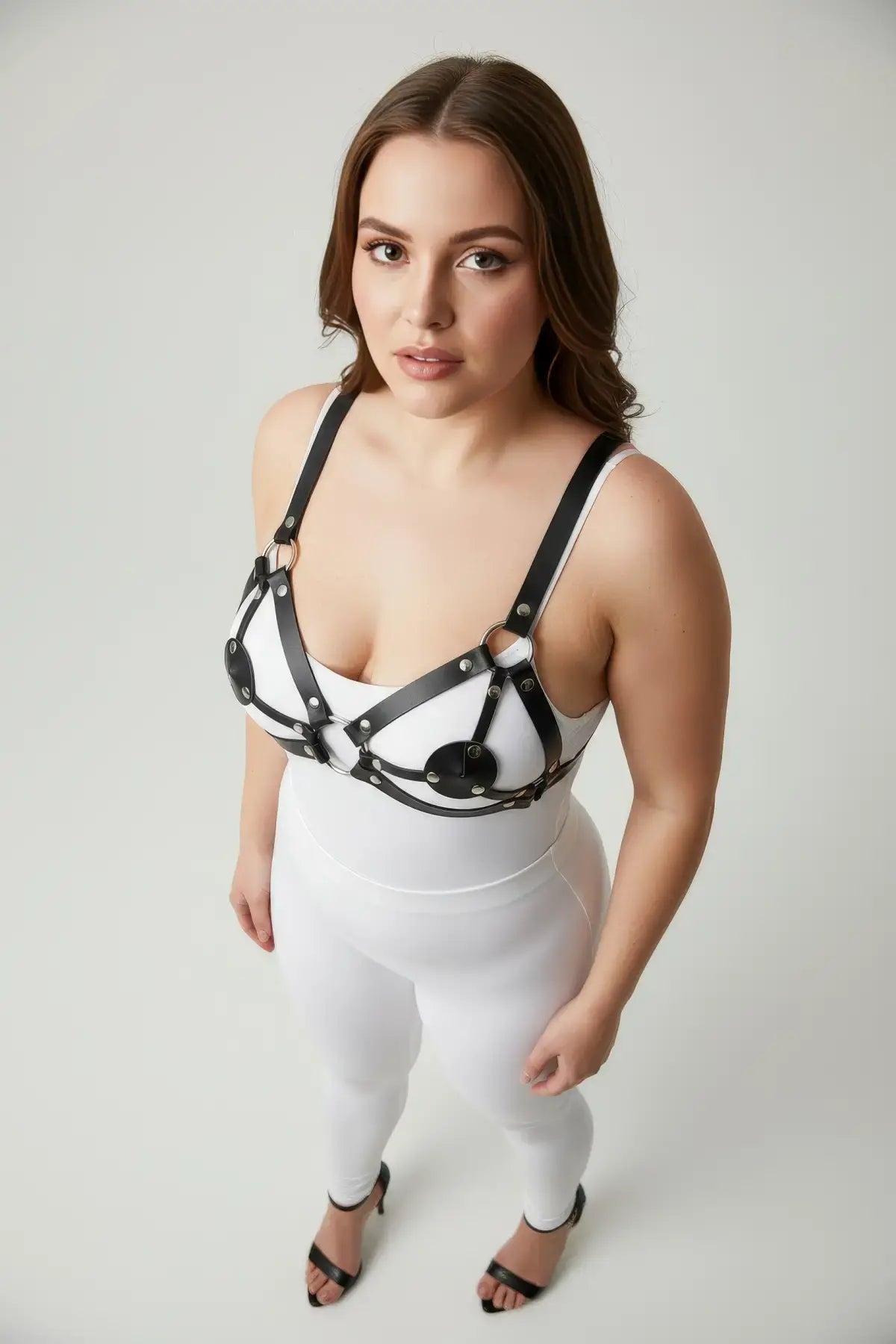 Plus size black disc O-ring leather chest harness by HarnessClub, vegan leather body accessory