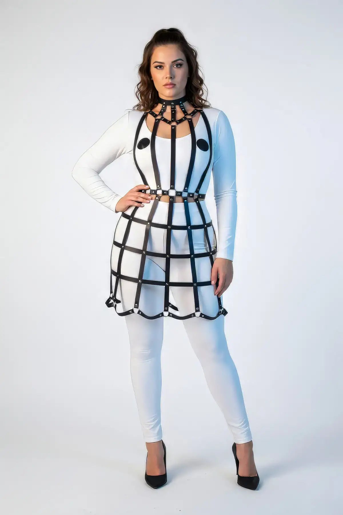 Plus-size black vegan-leather cage skirt and collar harness set by HarnessClub