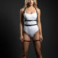 Plus Size HarnessClub black vegan-leather torso harness with double bands and thigh straps set