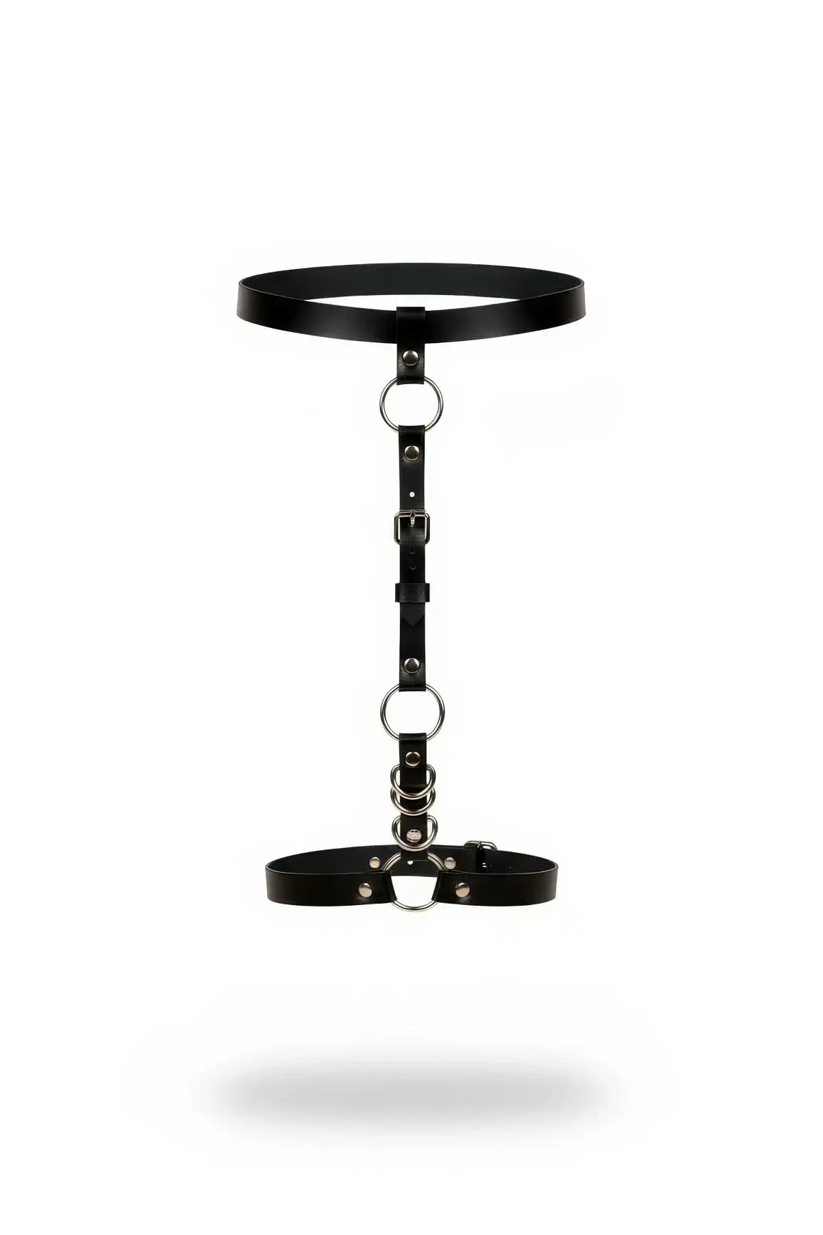 Plus-size black vegan-leather double-band waist and O-ring suspender garter harness by HarnessClub
