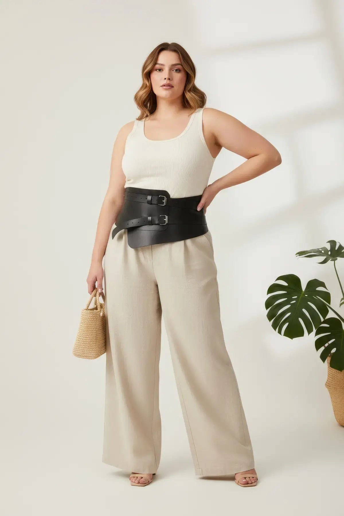Plus Size Black Two-Buckle Corset Belt, vegan leather waist cincher