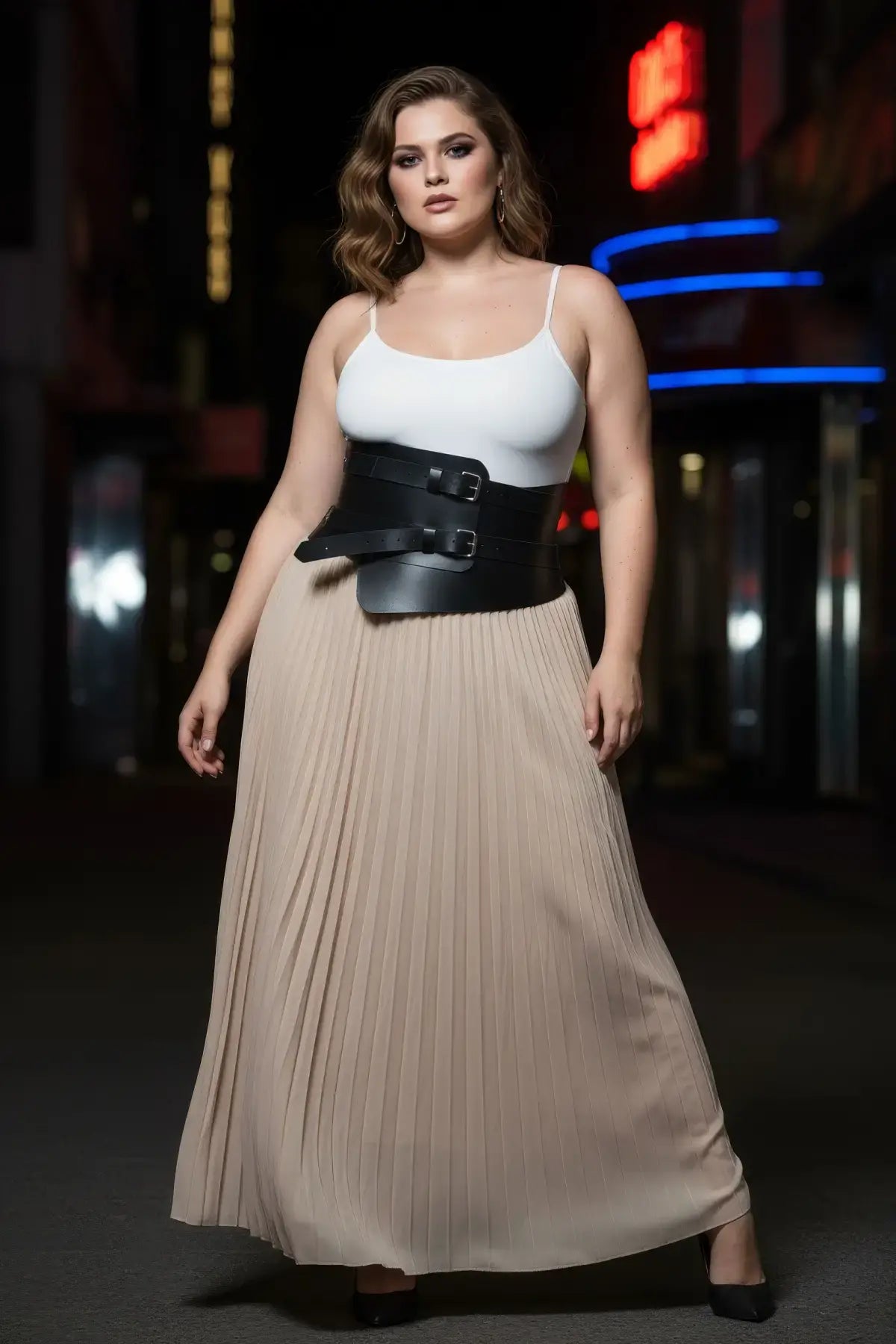 Plus size black double-buckle corset belt in vegan leather, asymmetric waist cincher