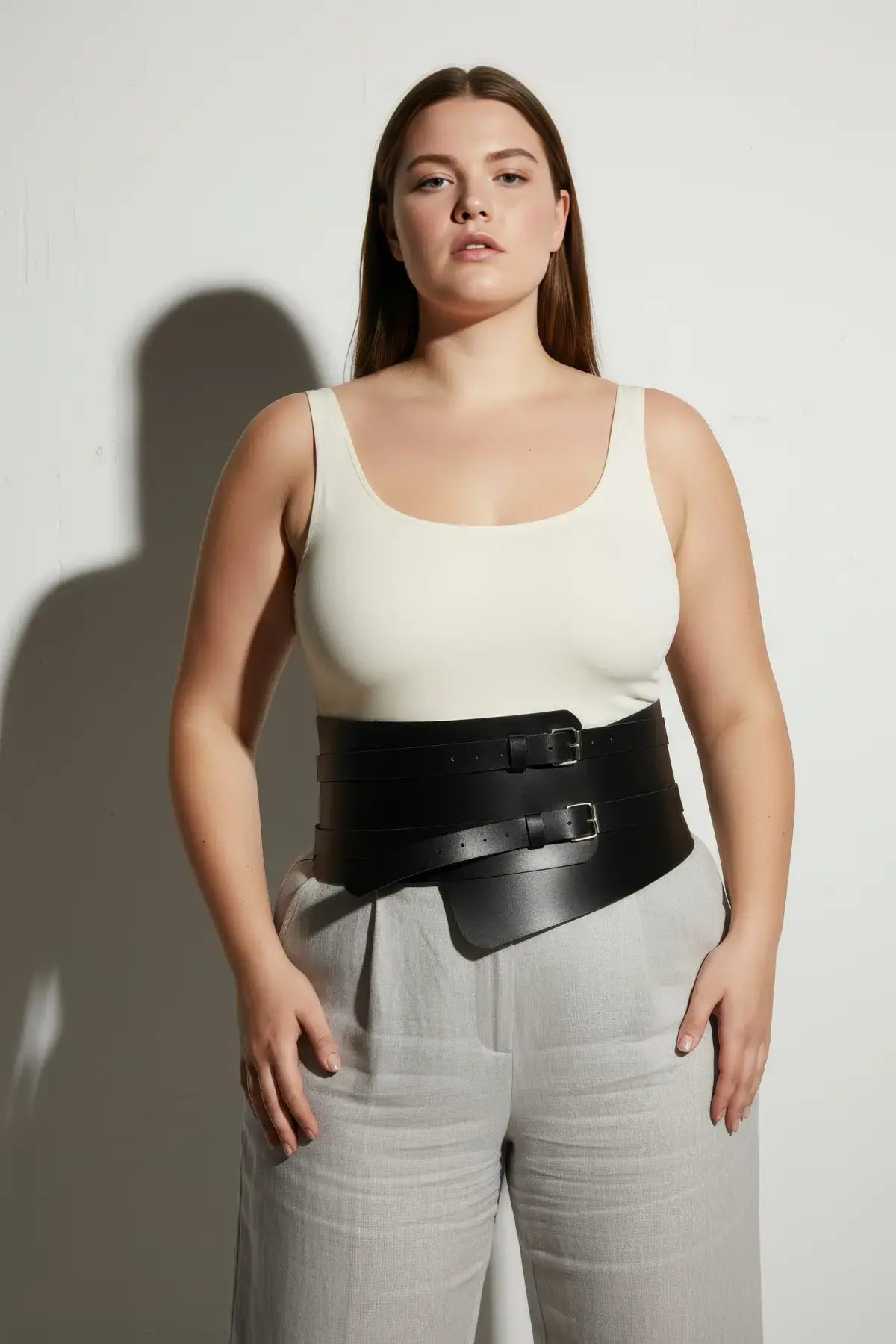 HarnessClub plus-size black vegan leather triple-buckle corset belt waist cincher