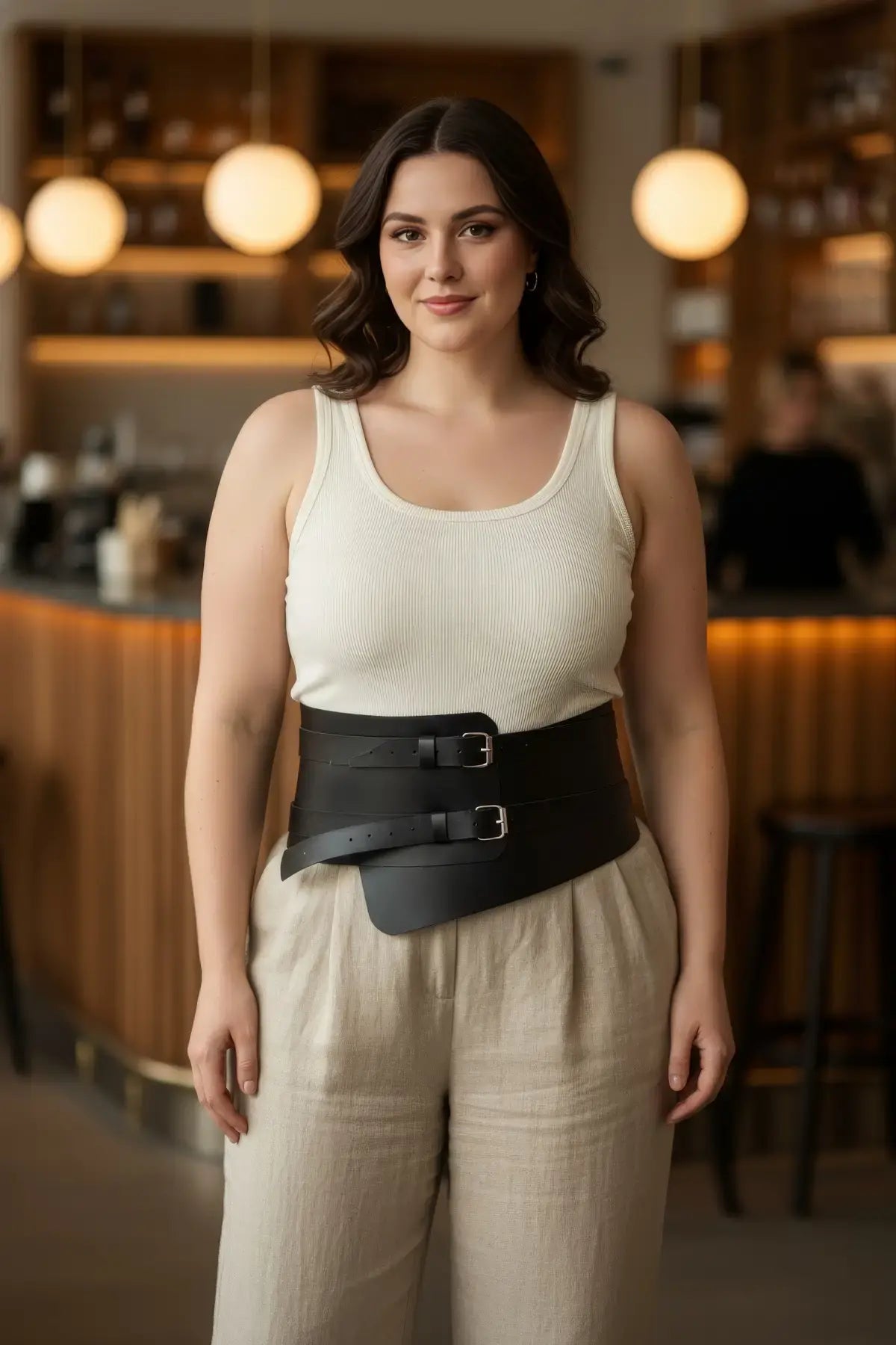 Plus-size black vegan-leather double-buckle corset belt waist cincher worn by model