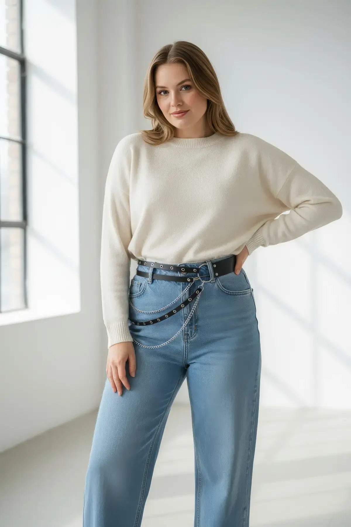 Plus-size black double-layer chain waist belt by HarnessClub in vegan leather, worn with denim jeans.